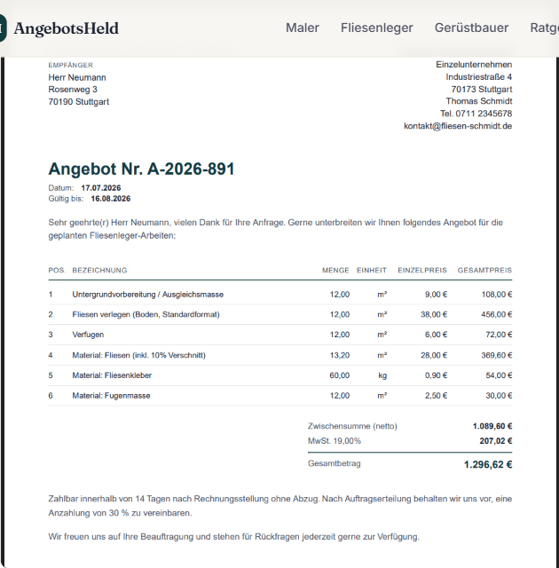 Beispiel-Angebot für Fliesenleger, erstellt mit AngebotsHeld