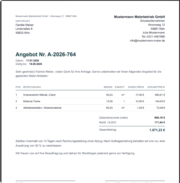 Beispiel-Angebot für Maler und Lackierer, erstellt mit AngebotsHeld